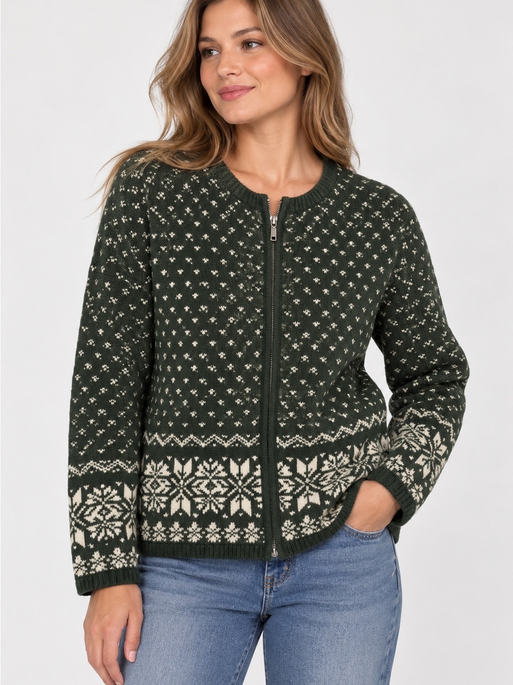 Christopher & Banks Women’s XL Green Fair Isle Zip Cardigan Sweater 2003